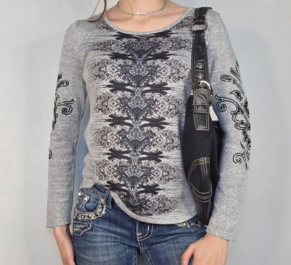 Y2K Tattoo Print Long Sleeve Top Grey Small